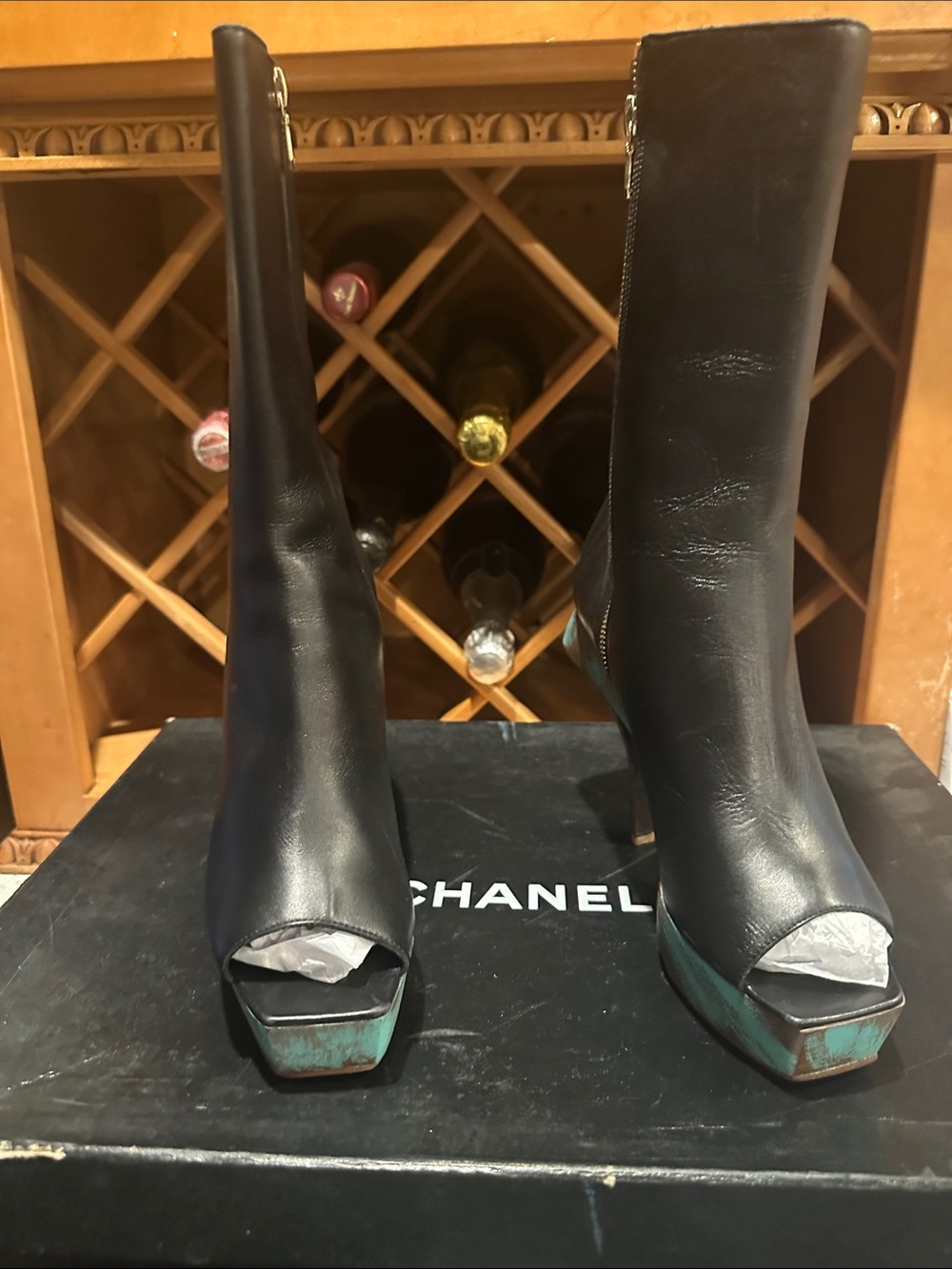 CHANEL Black Leather Peep-Toe Ankle Boots with Teal Platform